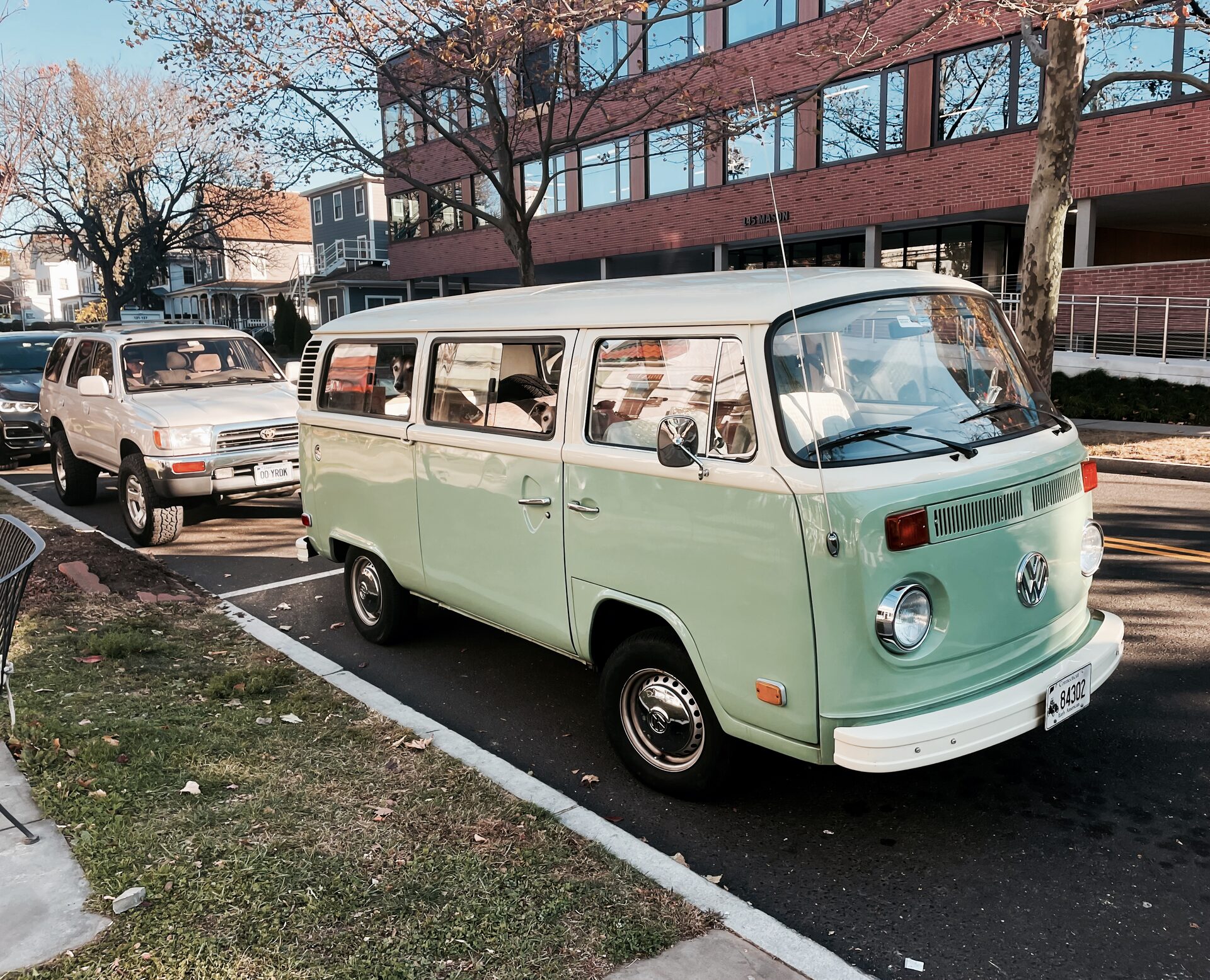 Mint-green and white Volkswagen Type 2 bay-window bus, parked at the curb