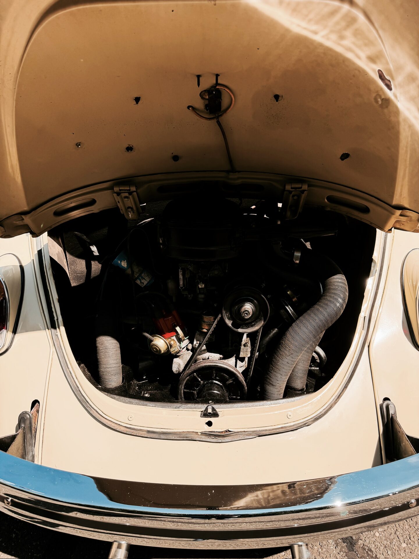 Rear engine bay of the 1969 VW Beetle &mdash; air-cooled 1500cc flat-four