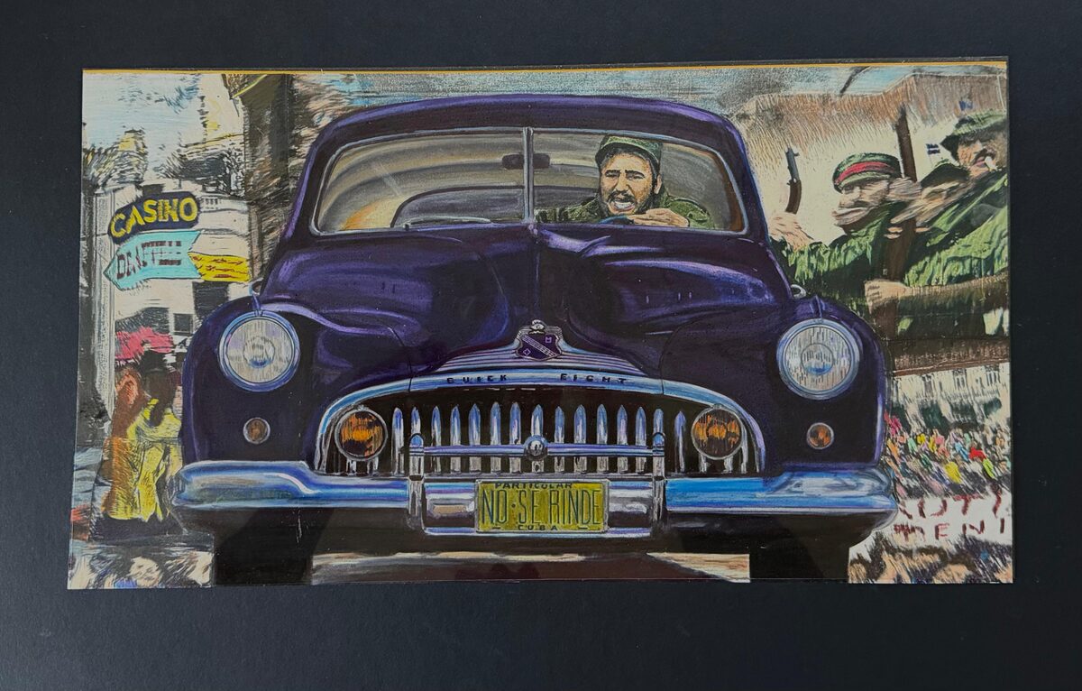 Painting by Tim of a 1940s Buick Eight on a Havana street with Fidel Castro at the wheel