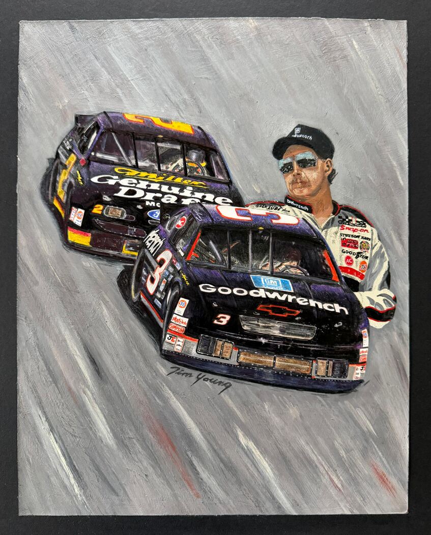 Painting by Tim of Dale Earnhardt with the #3 Goodwrench Chevrolet, signed Tim Young