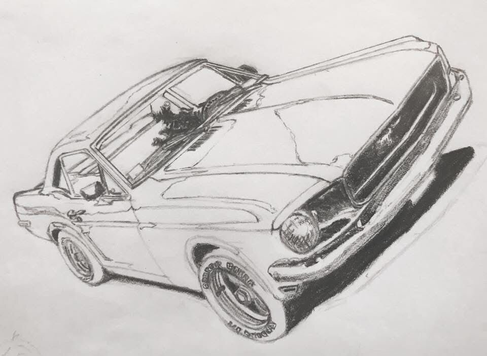Pencil sketch by Tim of a first-generation Ford Mustang fastback, three-quarter front view