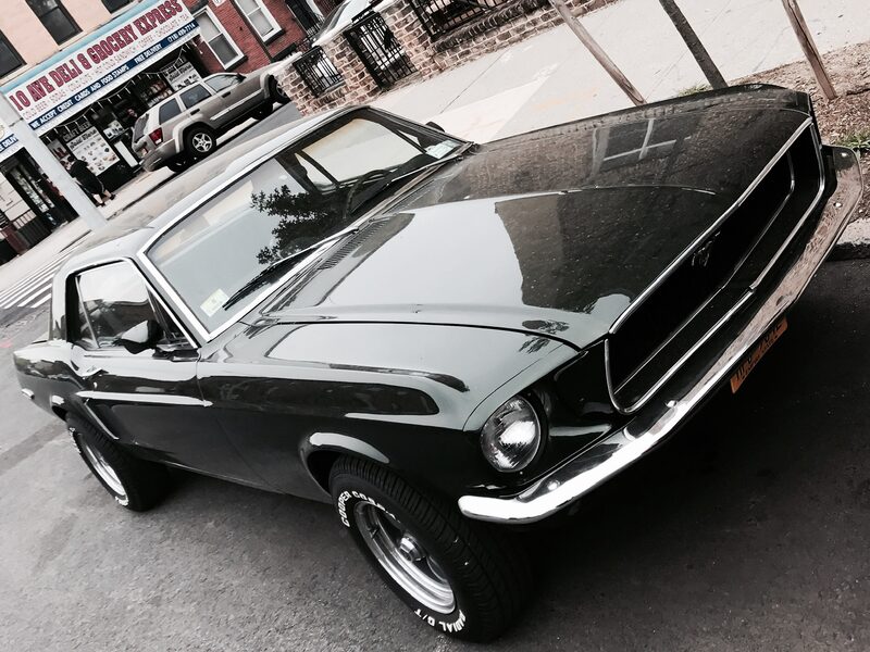 1968 Ford Mustang Coupe — modified driver, parked on a Brooklyn street